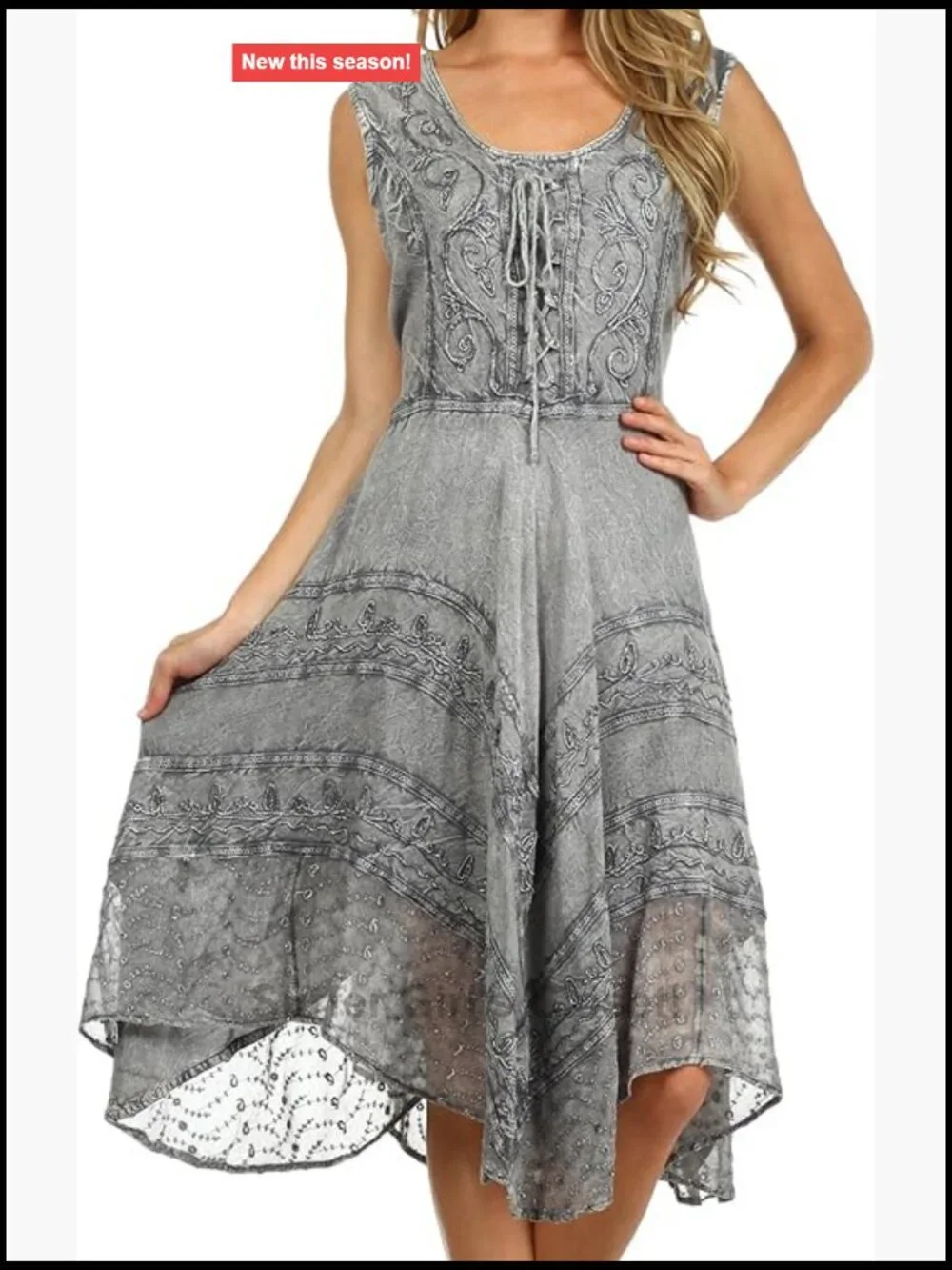 Stonewashed Rayon Embroidered Midi Dress Handkerchief Hem Boho